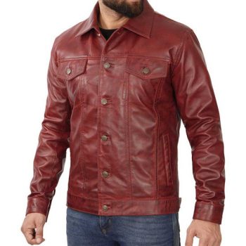 Stylish maroon leather trucker jacket  in France style