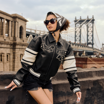 Trendy black cropped leather jacket designed for men and women in American style