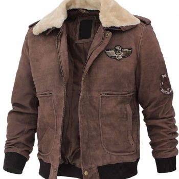 Brown Suede Leather Jacket with Shearling Collar and Military-Style Patches in USA