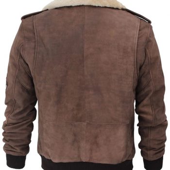 Men's Brown Suede Jacket with Shearling Collar, Military Patches in France style