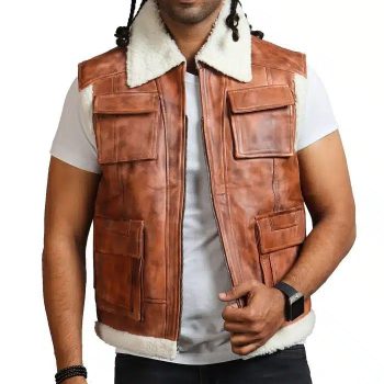 Brown faux fur leather vest for men in France style