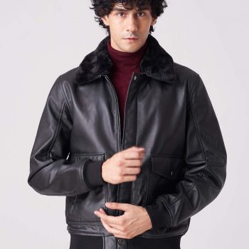Black faux fur aviator jacket for men