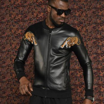 Stylish men's tiger bomber leather jacket with bold design in USA