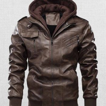 Stylish casual men's leather jacket with hood and pockets in USA