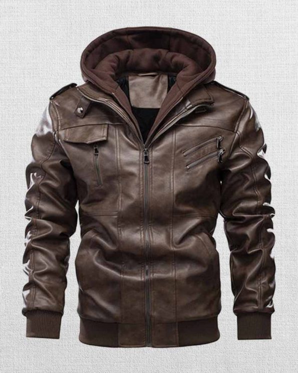 Stylish casual men's leather jacket with hood and pockets in USA