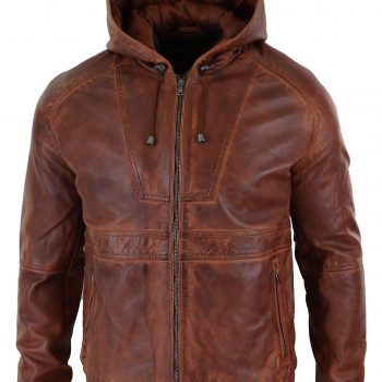 Black leather bomber jacket for men front view