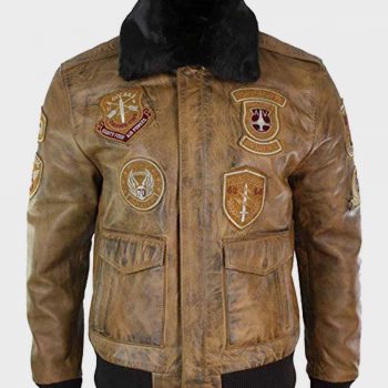 Men's Aviator Tan Bomber Leather Jacket - Front View in usa