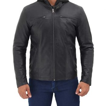 Men's black café racer leather jacket with removable hood