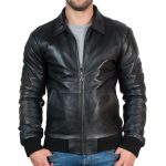 Men's Black Leather Bomber Jacket with Classic Design in USA