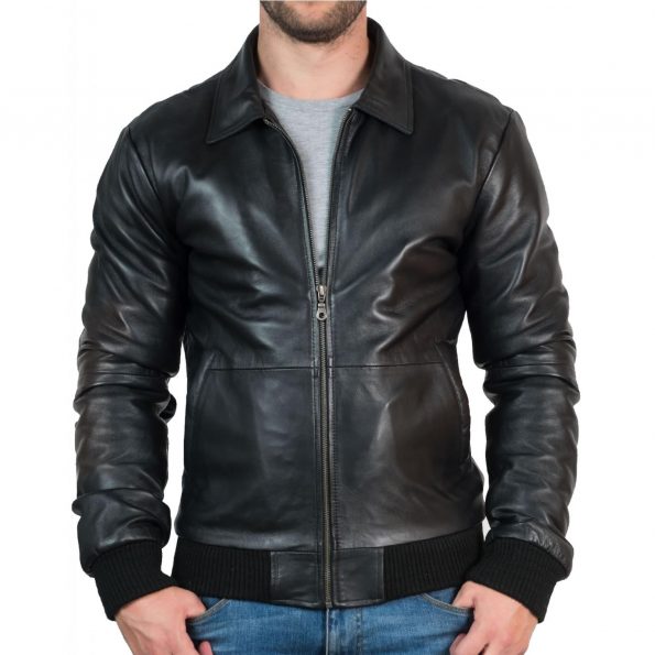 Men's Black Leather Bomber Jacket with Classic Design in USA