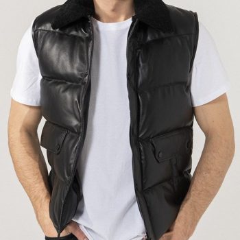 Men's sleek black leather puffer vest in USA