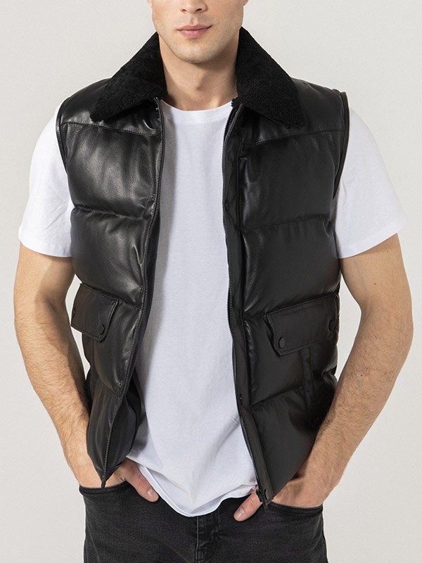 Mens-Black-Leather-Puffer-Vest Men's sleek black leather puffer vest in USA