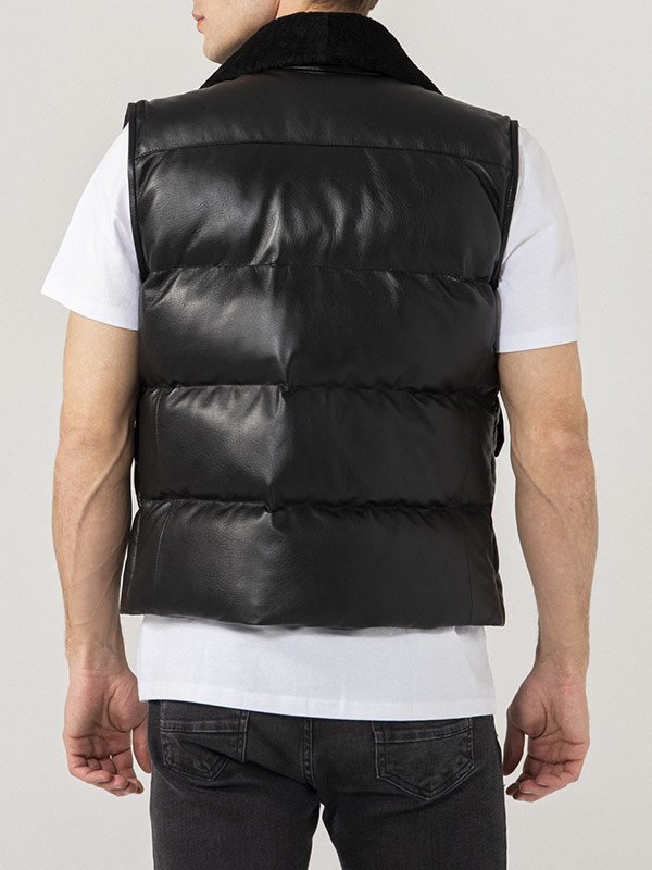 Black-Shearling-Collar-Leather-Puffer-Vest-For-Mens Stylish black leather quilted vest for men in France market