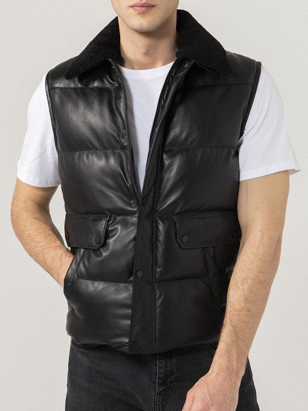 Mens-Black-Leather-Vest Fashionable men's black leather padded vest in American market
