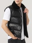 Mens-Black-Leather-Puffer-Vest