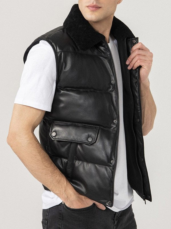 Mens-Black-Shearling-Collar-Leather Edgy men's black leather puffer vest in USA