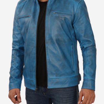 Men's blue lambskin leather cafe racer jacket in USA