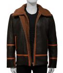 Men's Brown Shearling Jacket - Front View in USA