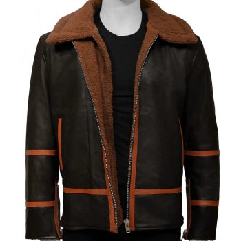 Men's Brown Shearling Jacket - Front View in USA