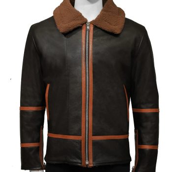 Brown and black leather shearling jacket in USA