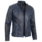 Men's Dodge blue waxed cafe racer leather jacket in USA