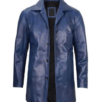 Stylish Men's Blue Leather 3/4 Length Car Coat in France style