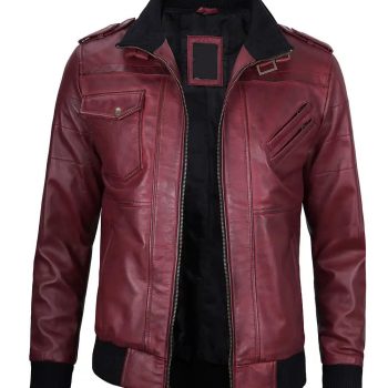 Men's Maroon Leather Jacket with Removable Hood