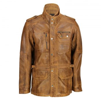 Men's leather field jacket with double stand-up collars and press studs