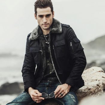 Fur collar leather jacket for men