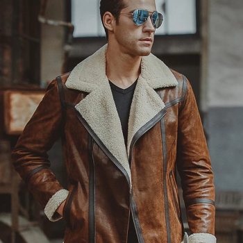 Men’s Aviator Distress Brown Shearling Bomber Style Jacket