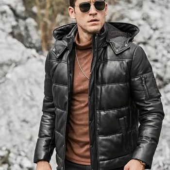 Leather puffer jacket for men with detachable hood in France style