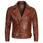 Stylish men’s quilted cognac waxed leather motorcycle jacket in USA