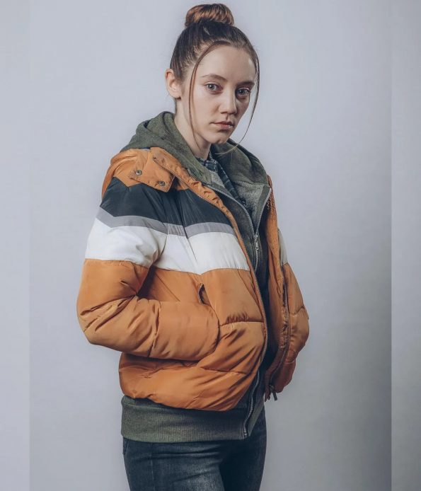Hooded puffer jacket inspired by Mirren Mack in The Nest in USA