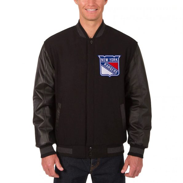 new york rangers two hit varsity jacket front view in USA