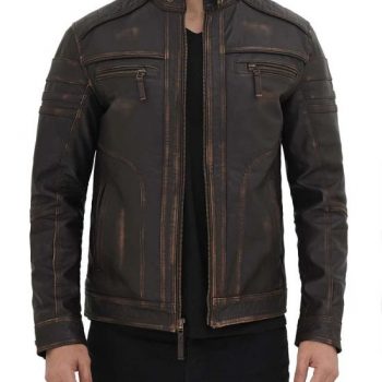Brown distressed leather jacket by Monroe in France style