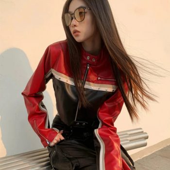 Multi-color biker style cropped real leather jacket for women in USA