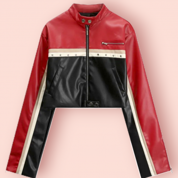 Women's cropped biker leather jacket with vibrant color accents in France Style