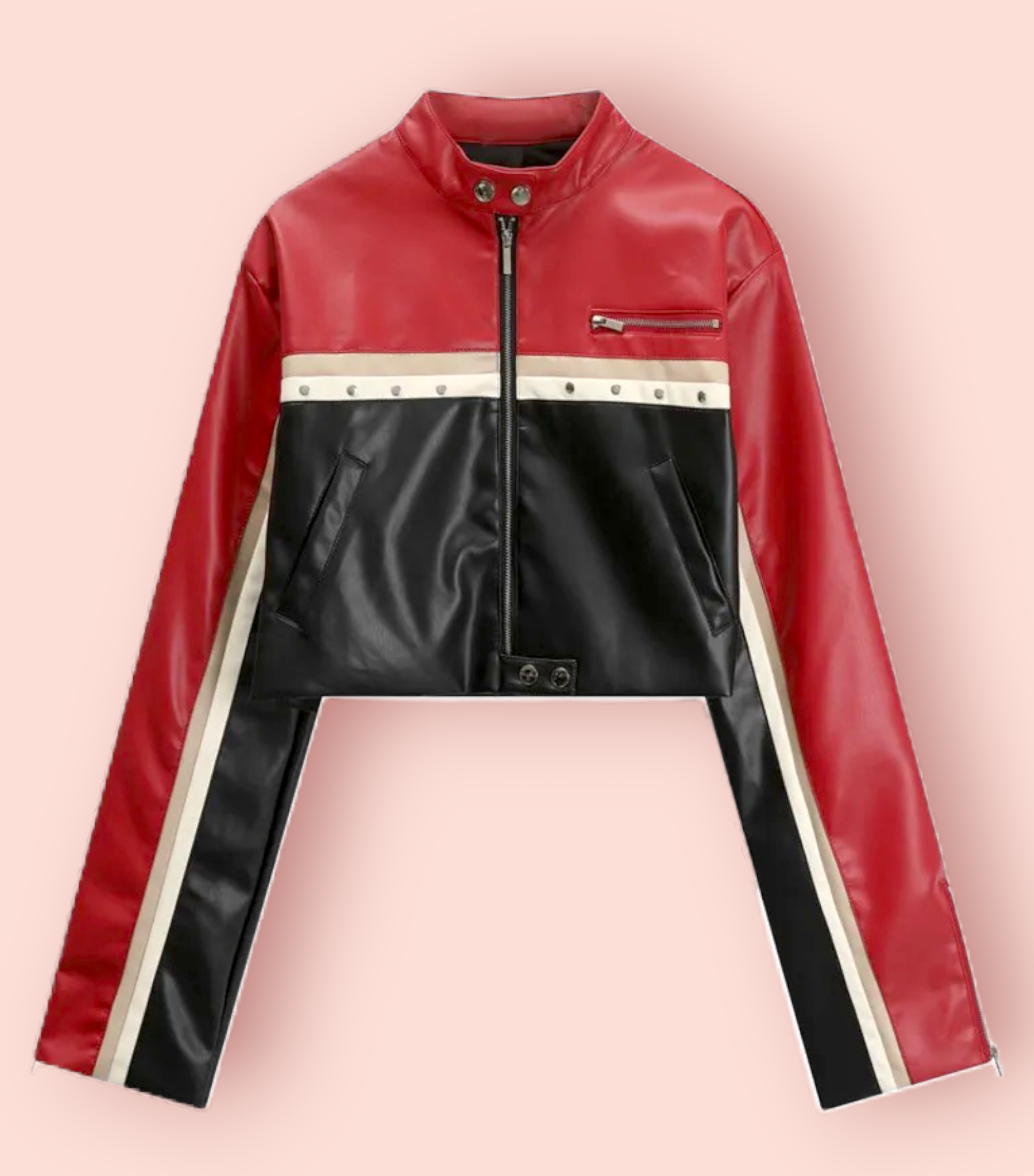 Redblackandwhitejacket Women's cropped biker leather jacket with vibrant color accents in France Style
