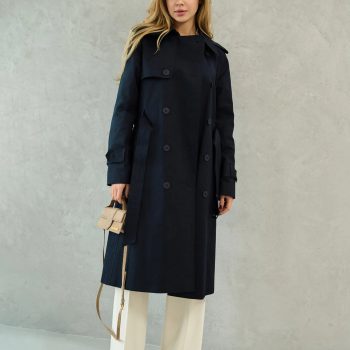 Women's navy blue cotton trench coat with double-breasted design in France Style