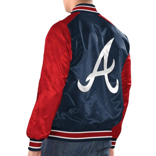 navy and red braves satin varsity jacket
