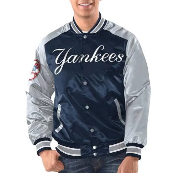 Shop Navy/Silver New York Yankees Renegade Varsity Satin Jacket