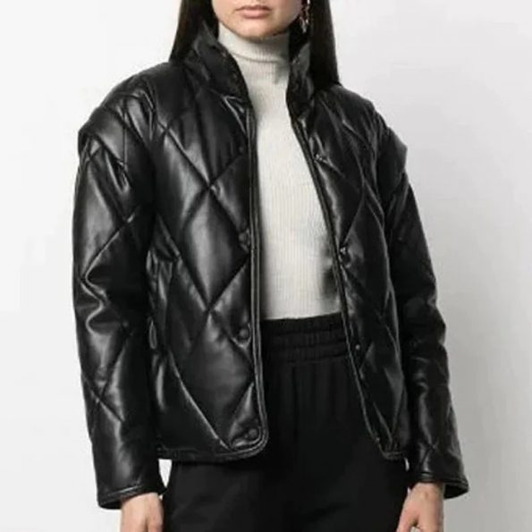 New women's black puffer leather jacket in USA