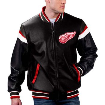 TJS NHL Black Leather Jacket with Detroit Red Wings Logo in France style