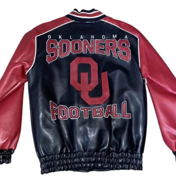 Oklahoma Sooners NCAA football leather varsity jacket featuring bold team branding and classic USA craftsmanship