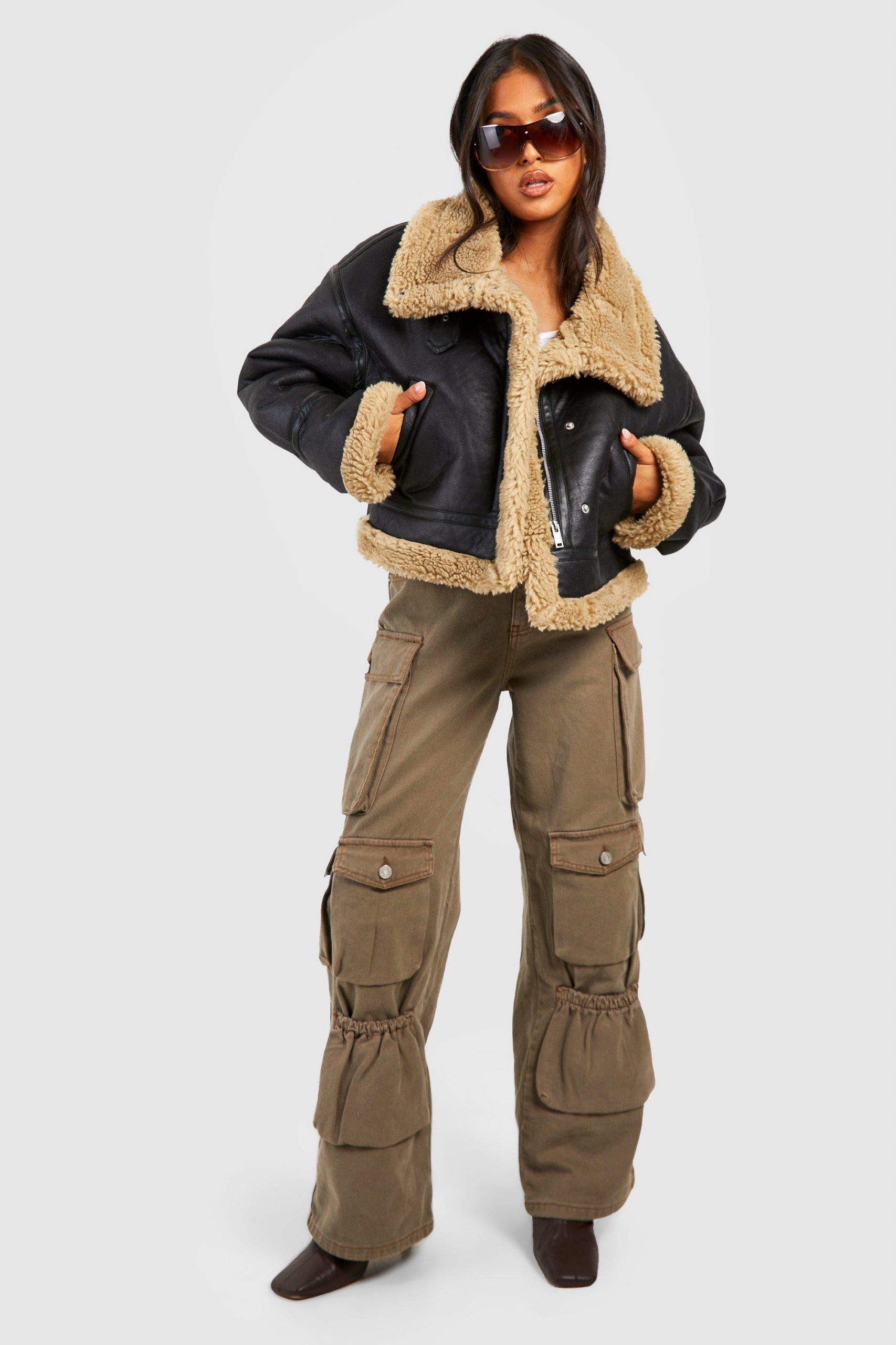 female-black-petite-teddy-trim-aviator-jacket-_1 Women's aviator jacket with trim detail in France style