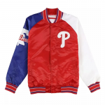 Red, white, and blue satin jacket with a logo on a white background in American Style