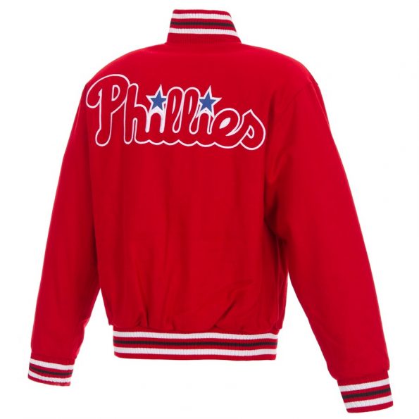 mens phillies full‑snap wool varsity jacket with team logo in USA