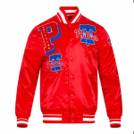 Red varsity jacket with blue and white logos on a white background in USA