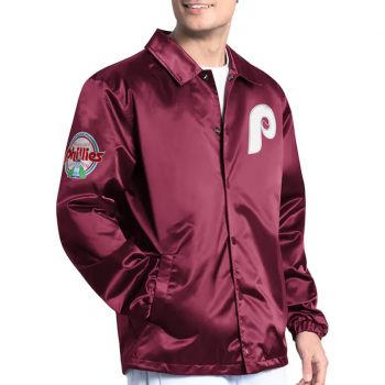 Philadelphia Phillies burgundy coaches jacket front and back in USA