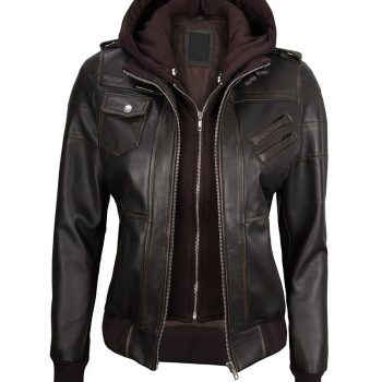 Premium Women's Dark Brown Rub Off Leather Jacket with Removable Hood in USA
